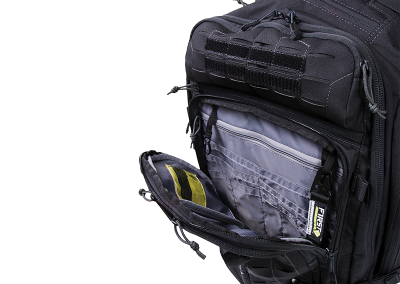 front pocket of the black three Day Plus 62 liter Backpack