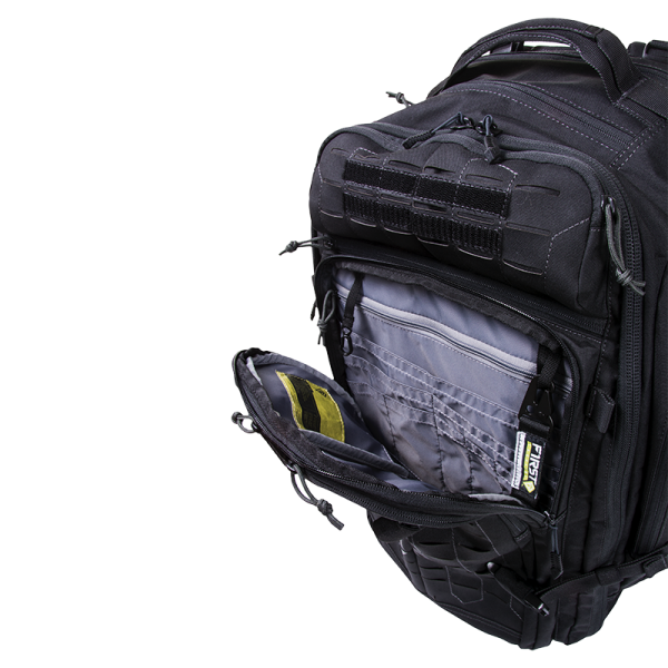 front pocket of the black three Day Plus 62 liter Backpack