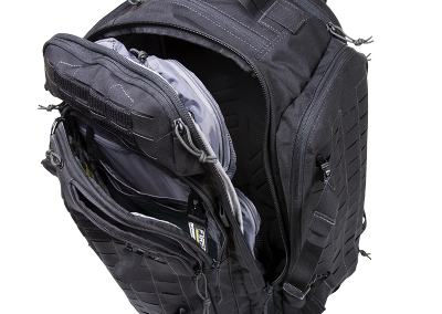 the black three Day Plus 62 liter Backpack half zipped