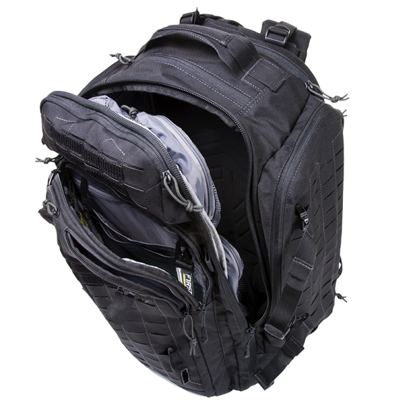 the black three Day Plus 62 liter Backpack half zipped