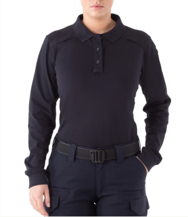 woman wearing Cotton Long Sleeve Midnight Navy Polo Shirt